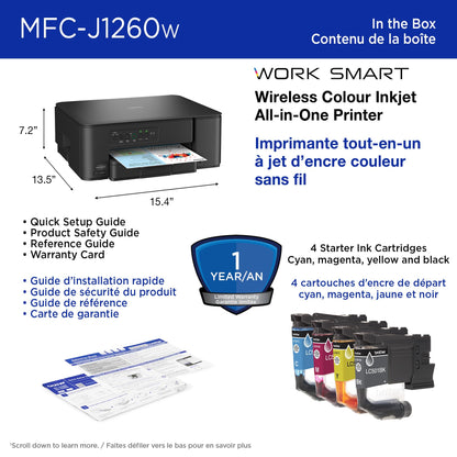 Brother MFC-J1260W Work Smart Wireless Colour Inkjet All-in-One Printer Scanner Copier for Home Office 150-Sheet Tray 16ppm Black 9ppm Colour with LC501 Starter Ink (MFCJ1260W)