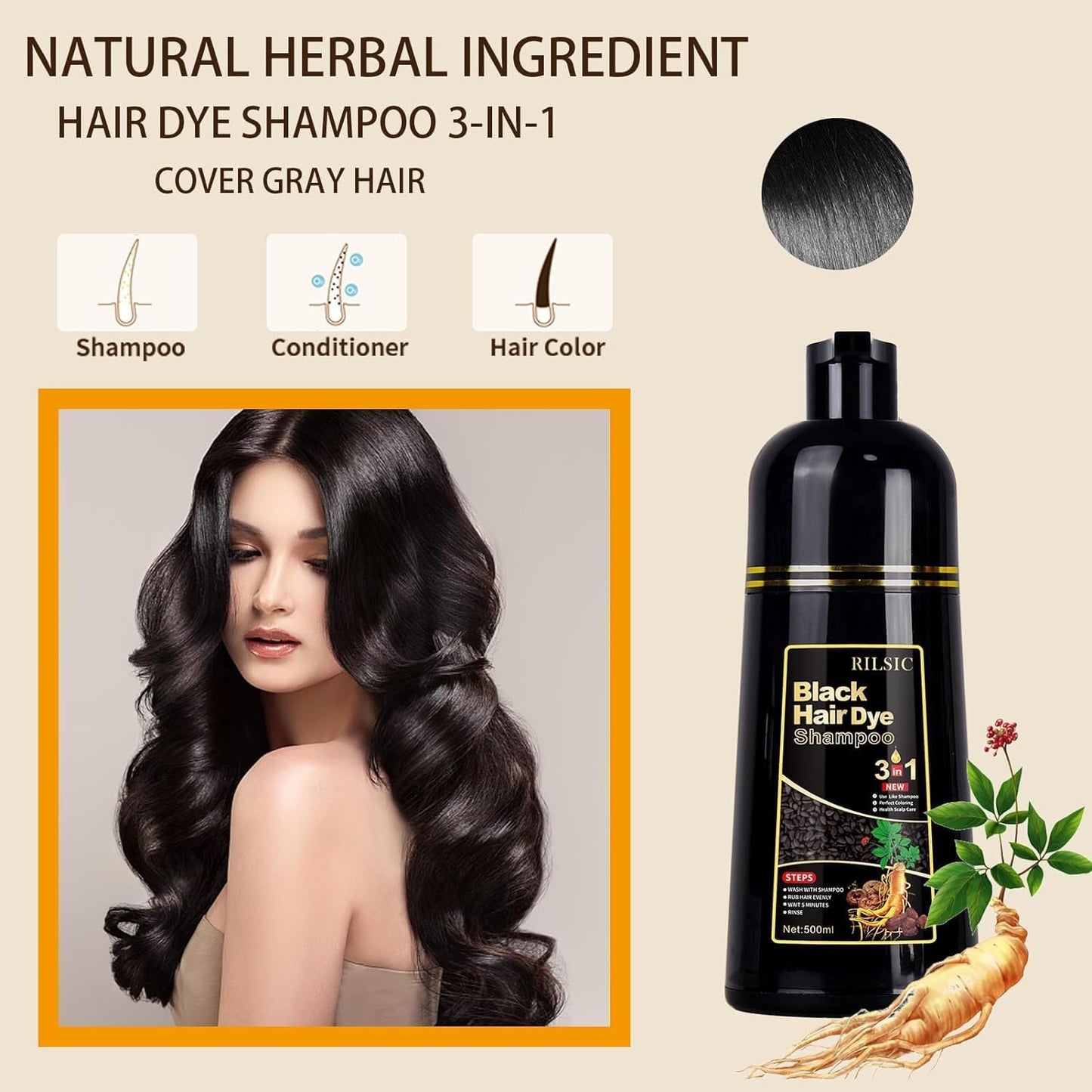 500ML Hair Color Shampoo for Women Men, Hair Dye Shampoo for Grey Hair Beard Coverage, Instant Colour Shampoo 3 in 1 - Long Lasting - Natural - Hair Coloring Hair in Minutes (Natural Black) - Available at All In One Marketplace Canada