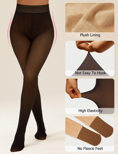 QOMEWA Plus Size Women's Fleece Lined Tights, Brown Translucent Warm Tights 🍁 All In One Marketplace Canada