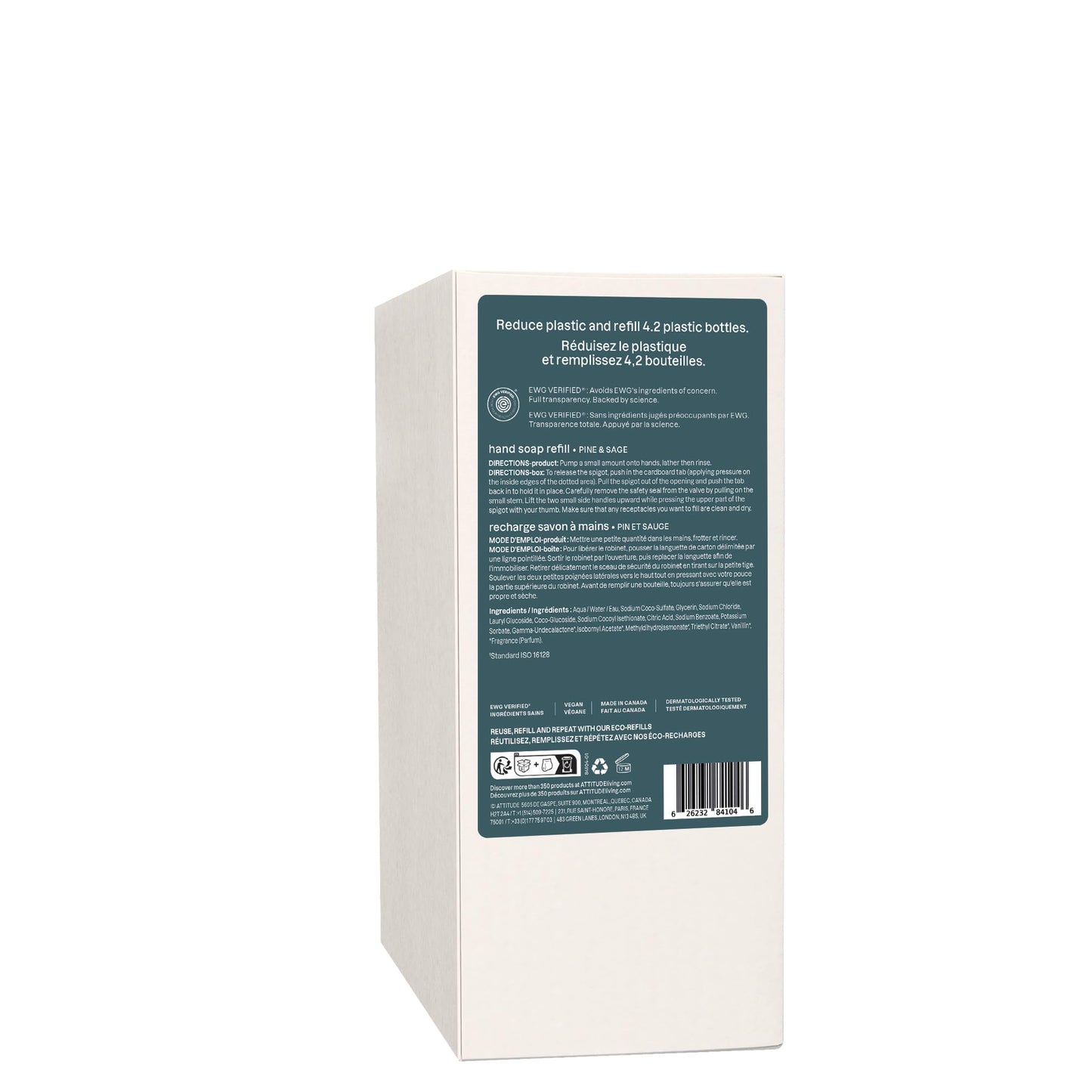 ATTITUDE Liquid Hand Soap Refill, EWG Verified, Made in Canada, Plant and Mineral-Based, Vegan Personal Care Products, Pine & Sage Scent, 2 L