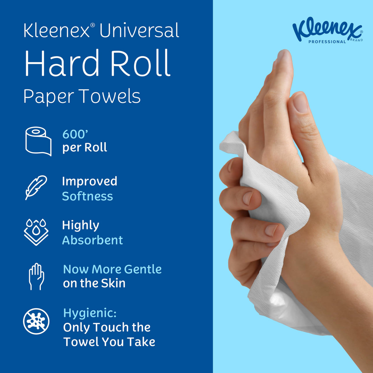 Kleenex Professional Universal Hard Roll Paper Towels, Bulk (50606), Hardwound 1.75" Core, Premium Absorbency Pockets, White (6 Rolls at 600' Each, 3,600'/Case)