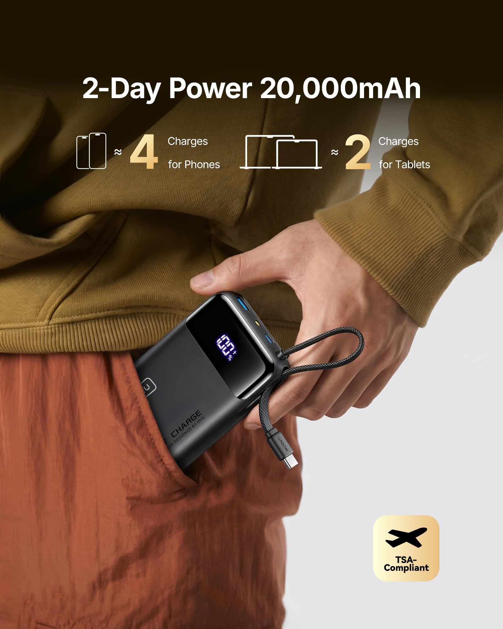 INIU 20000mAh Power Bank, Small 45W PD Fast Charging Portable Charger with Built-in USB C Cable, Flight-Safe Travel External Phone Battery Pack for iPhone 17 16 Pro Max Samsung S25 S26 Google iPad etc - Available at All In One Marketplace Canada