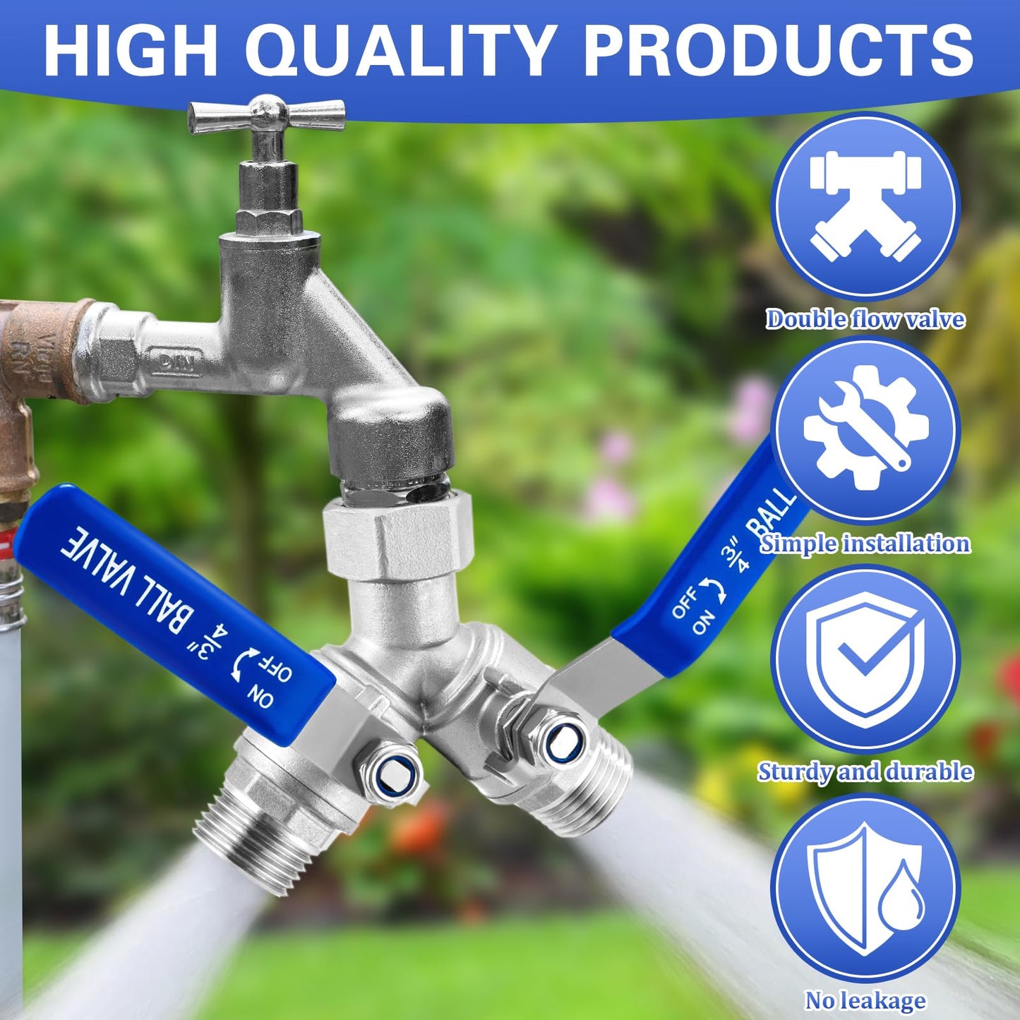 Garden Hose Splitter 2 Way, 304 Stainless Steel Heavy Duty Water Hose Splitter with Long Handle, 3/4" GHT Thread Y Valve Water Garden Hose Tap Adapter, Full Flow Water Splitter Connector