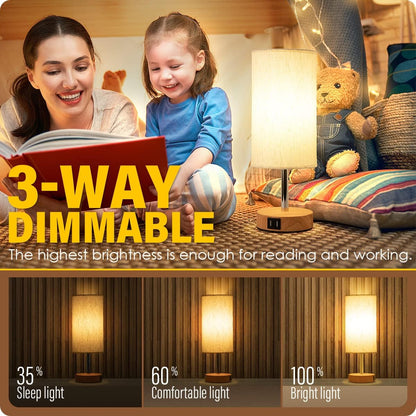 Yarra-Decor Bedside Table Lamp with USB Port - Touch Control for Bedroom Wood 3 Way Dimmable Nightstand Lamp with Round Flaxen Fabric Shade for Living Room, Dorm, Home Office (LED Bulb Included) - Available at All In One Marketplace Canada
