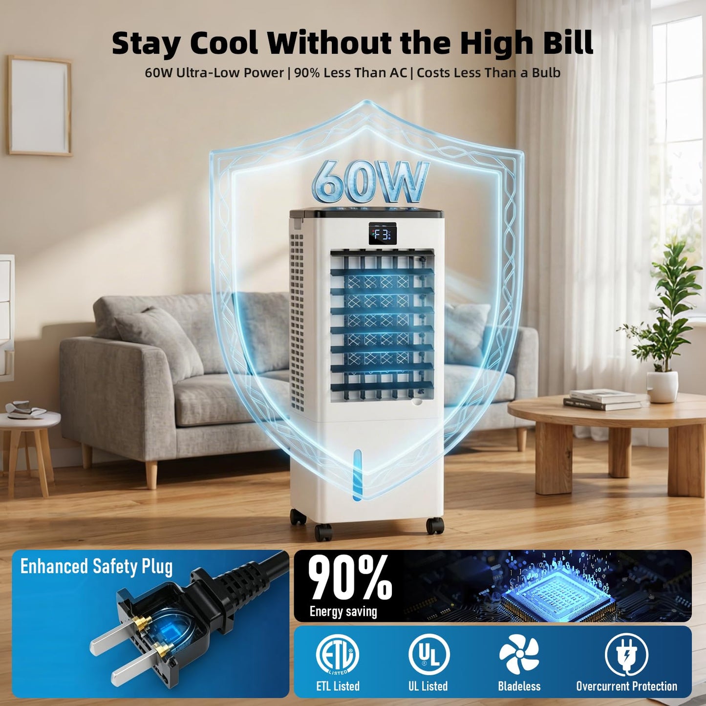 Portable Air Conditioners, Evaporative Air Cooler with Remote & LED Display, 120° Oscillation, 12H Timer, 3 Speeds & 4 Modes, 60W Energy-Efficient, Windowless Swamp Cooler for Bedroom Office Garage - Available at All In One Marketplace Canada