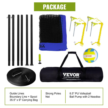 VEVOR Outdoor Portable Volleyball Net System, Adjustable Height Steel Poles, Professional Volleyball Set with PVC Volleyball, Pump, Carrying Bag, Heavy Duty Volleyball Net for Backyard, Beach, Lawn VEVOR