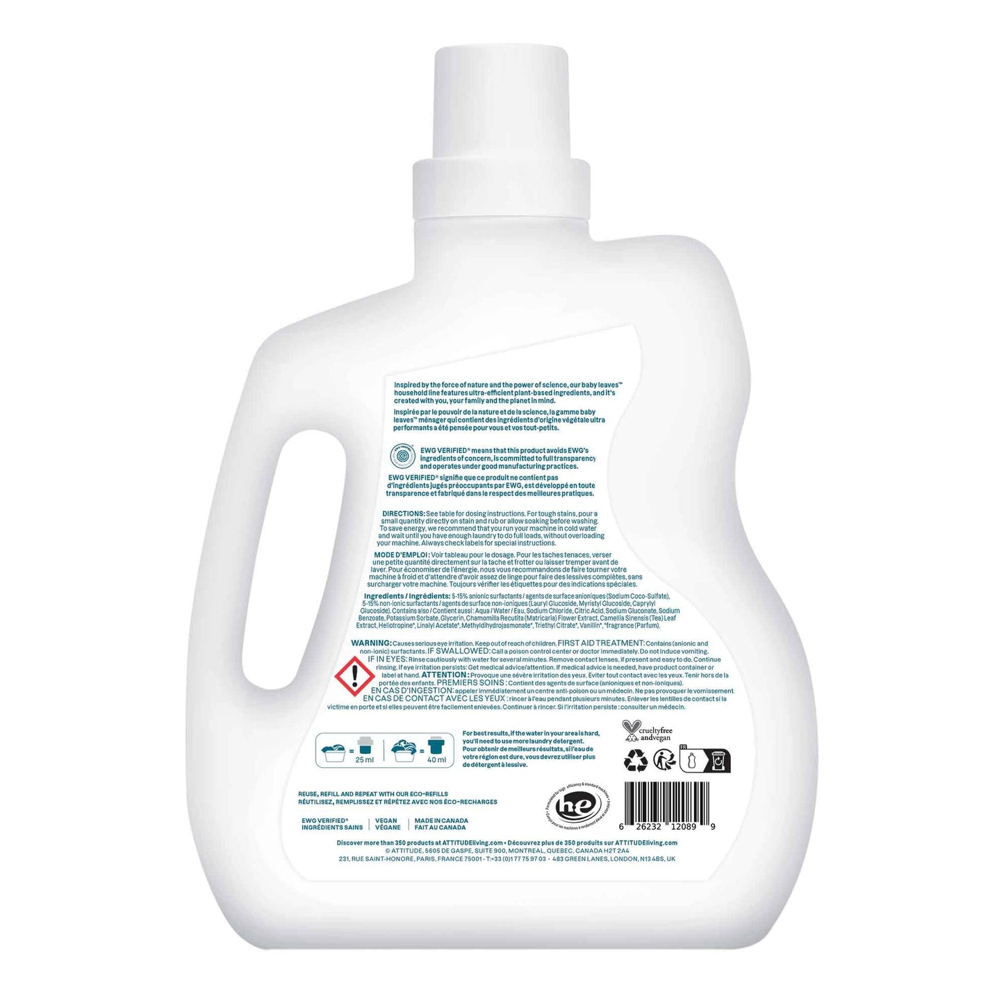 ATTITUDE Baby Laundry Detergent Liquid, Made in Canada, EWG Verified, Safe for Baby Clothes, Infant and Newborn, Naturally Derived, HE Compatible, Soothing Chamomile, 80 Loads, 2 L (AMAZON EXCLUSIVE)