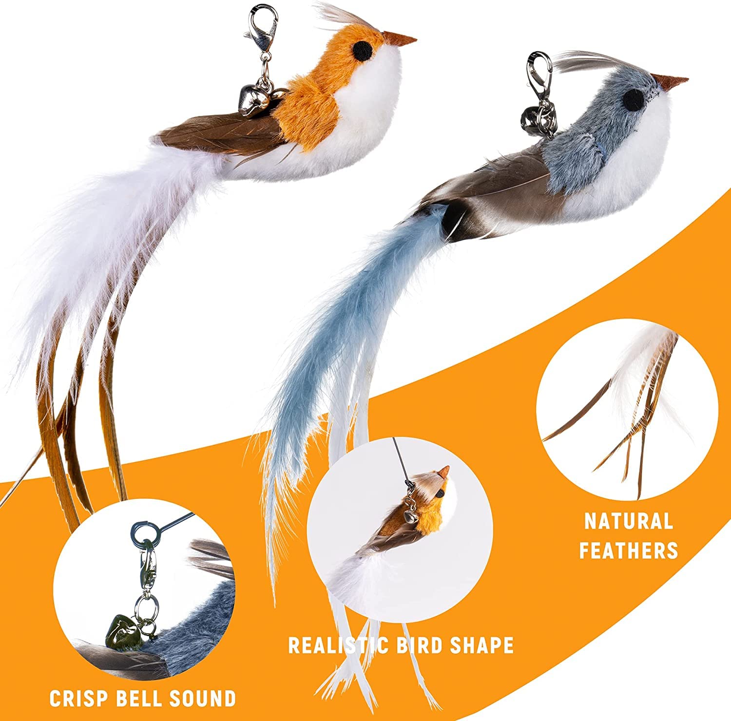 Cat Feather Toys, Cat Toys Wand, Interactive Cat Toy with Super Suction Cup, 2 PCS Cat Wand Toy and 6 PCS Feather Replacements with Bell, Interactive Cat Toy Kitten Toys for Indoor Play Chase Exercise (Natural)