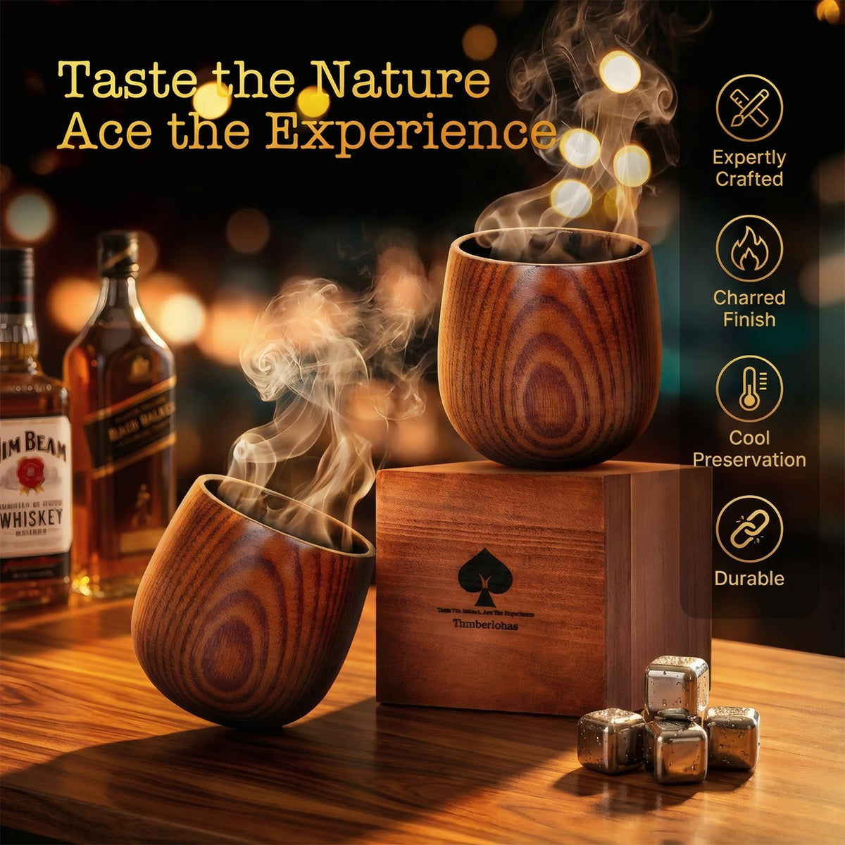 Tinnberlohas Charred Wooden Whiskey Glass Gift Set of 2 with Wood Gift Box 🍁 All In One Marketplace Canada
