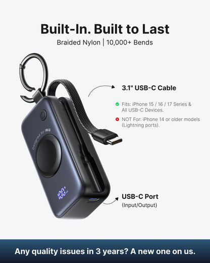 INIU Mini Portable Charger for Apple Watch, Power Bank with Built-in USB C Cable, 5000mAh 20W PD Fast Charging smart Watch Charging Dock for Apple Watch Ultra 11 10 9 8 SE, iPhone Air 17 16 15 Air - Available at All In One Marketplace Canada