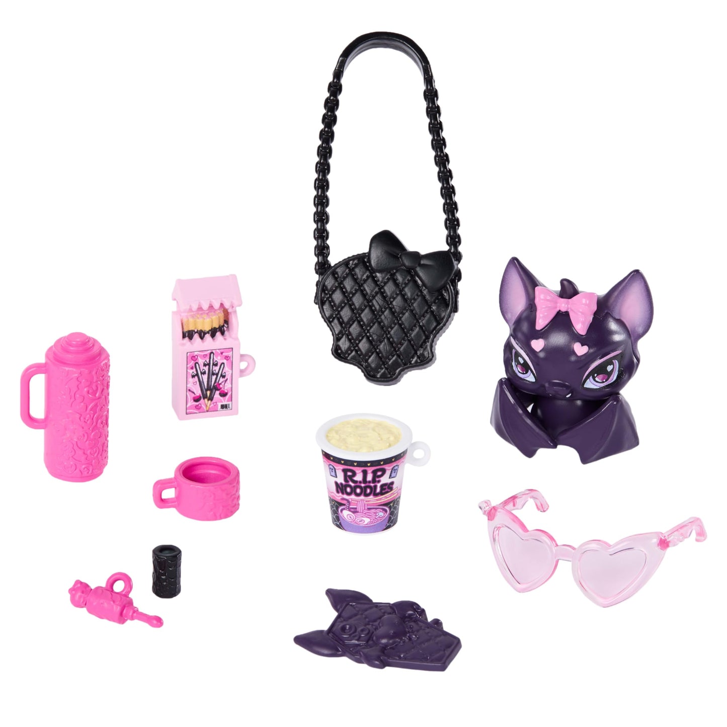 Monster High Doll, Draculaura in Pink Bow Dress and Black Cardigan with Pet Bat Count Fabulous and 7 Accessories Like Ramen, Lipstick and Purse 🍁 All In One Marketplace Canada