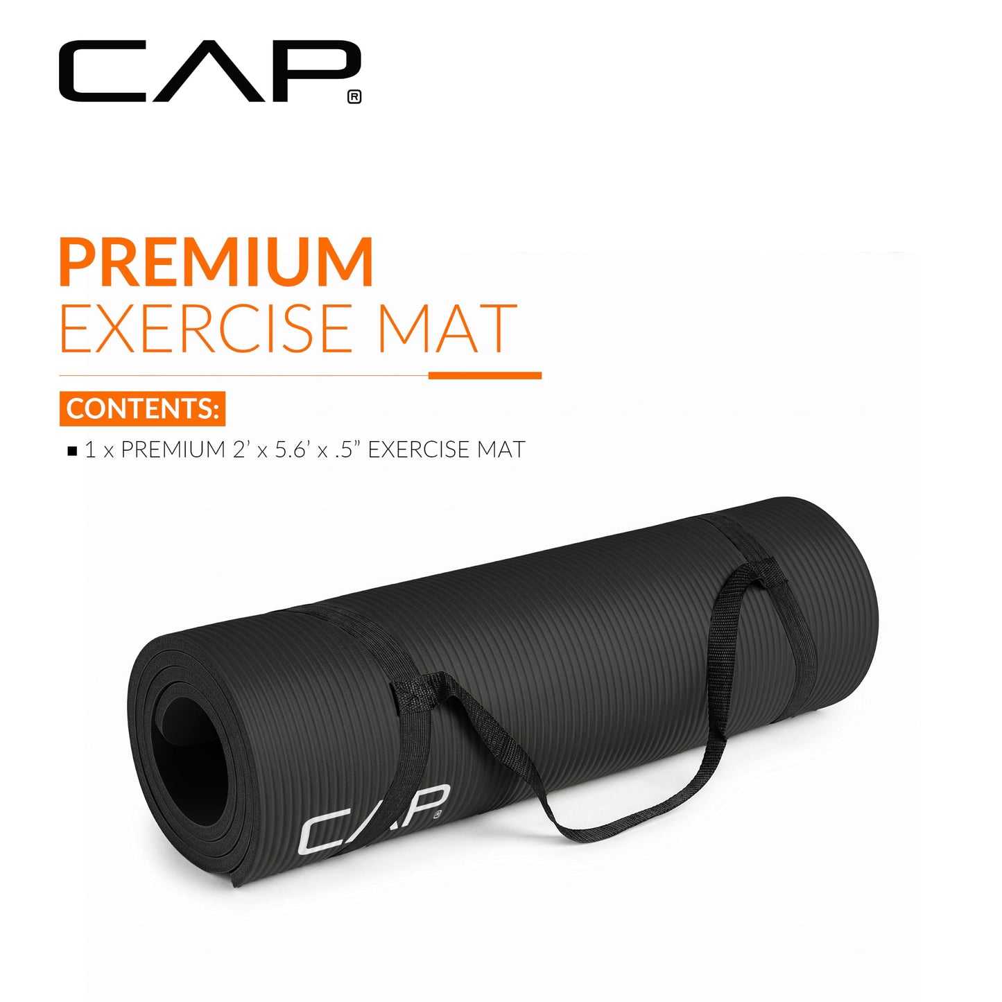 CAP Barbell Yoga Mat 1/2" Thick with Carrying Strap - High Density Exercise Mat for Yoga, Pilates, Stretching, Floor & Fitness Workouts - 68''x24''x1/2" | Black