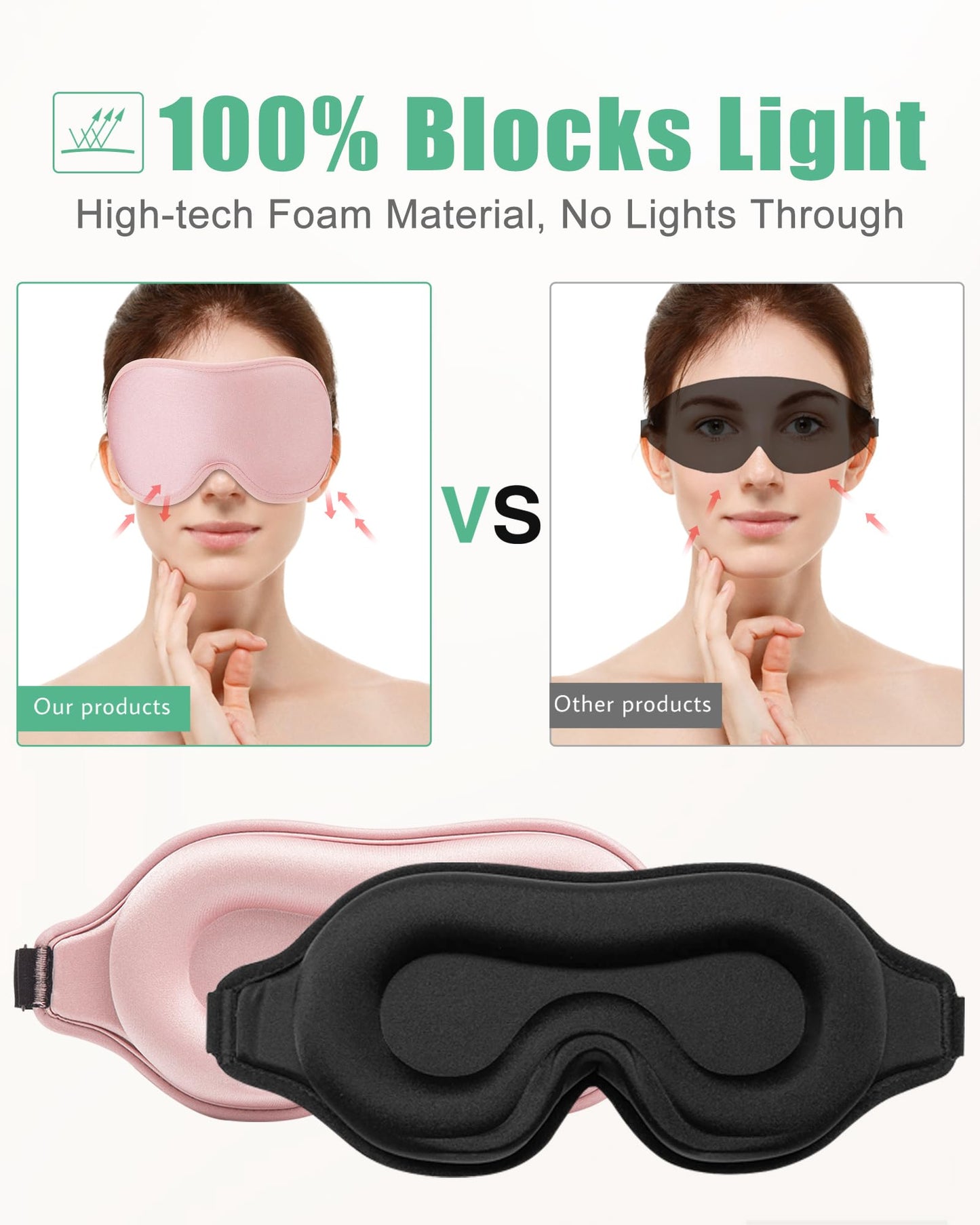 100% Blackout Sleep Mask for Women Men, 2 Packs 3D Contoured Eye Mask for Sleeping with Adjustable Strap, BeeVines Eye Mask for Eyelash Extensions Sleep Mask Blindfold, Soft Breathable Eye Shade Cover for Travel Yoga (Black & Pink) - Available at All In One Marketplace Canada