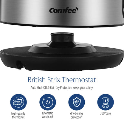 COMFEE' Stainless Steel Electric Kettle, 1.7L Tea Kettle Electric for Boiling Water, Hot Water Kettle 1500W Fast Boil with LED Light, Auto Shut-Off and Boil-Dry Protection COMFEE'