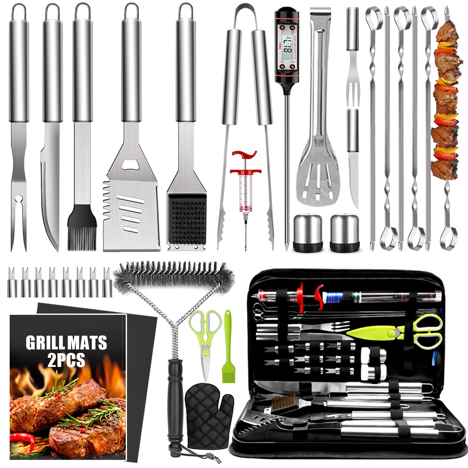 34Pcs BBQ Grill Accessories Tools Set, 16 Inches Stainless Steel Grilling Tools with Carry Bag, Thermometer, Grill Mats for Camping/Backyard Barbecue, Grill Tools Set for Men Women - Available at All In One Marketplace Canada