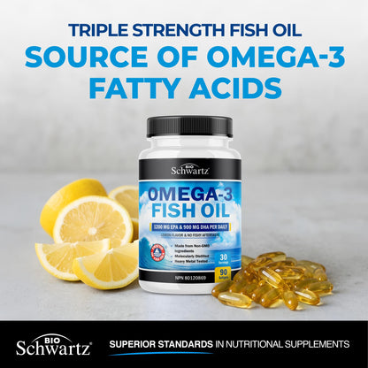 Fish Oil Omega 3 EPA & DHA 2250 mg | Burpless Lemon Flavor Triple Strength Supplement with Fatty Acids from Wild Icelandic Fish | Supports Joint, Eyes, Brain & Skin Health | Non GMO | 90 Softgels - Available at All In One Marketplace Canada