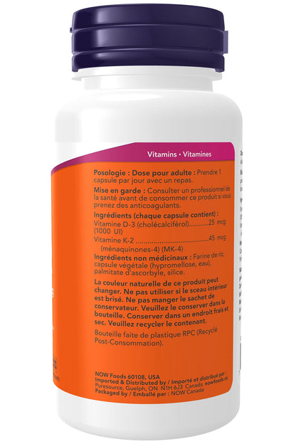 NOW Supplements, Vitamin D-3 & K-2, 1,000 IU/45 mcg, Plus Cardiovascular Support, Supports Bone Health, 120 Veg Capsules - Available at All In One Marketplace Canada