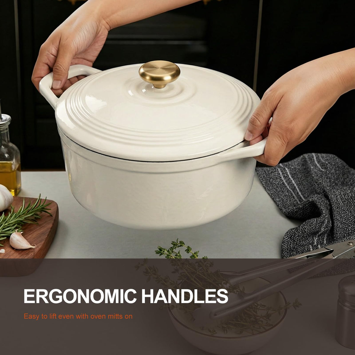 Overmont Enameled Cast Iron Dutch Oven - Lid Cookbook 5.5QT Creamwhite