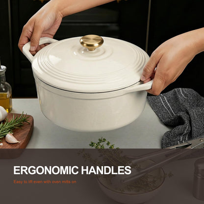 Overmont Enameled Cast Iron Dutch Oven - Lid Cookbook 5.5QT Creamwhite
