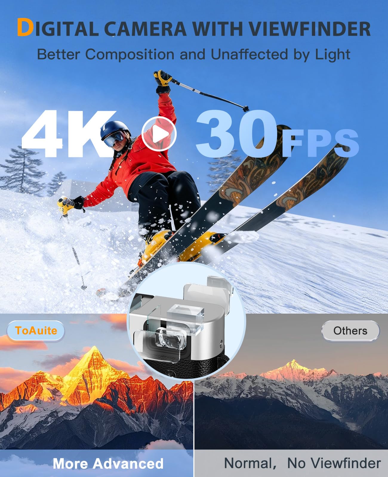 ToAuite 4K Digital Camera with Viewfinder, 48MP Autofocus Vlogging Camera for Photography and Video, Anti-Shake 16X Zoom Travel Portable Camera with Flash 32GB Card, Selfie YouTube Cameras with Dial - Available at All In One Marketplace Canada