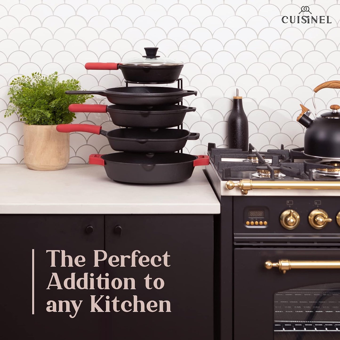 Heavy Duty Pan Organizer, 5 Tier Rack - Holds up to 50 LB - For Cast Iron Skillets, Griddles, Pots - Durable Steel Construction - Space Saving Kitchen Storage - No Assembly Required - Black 12.2-Inch Cuisinel