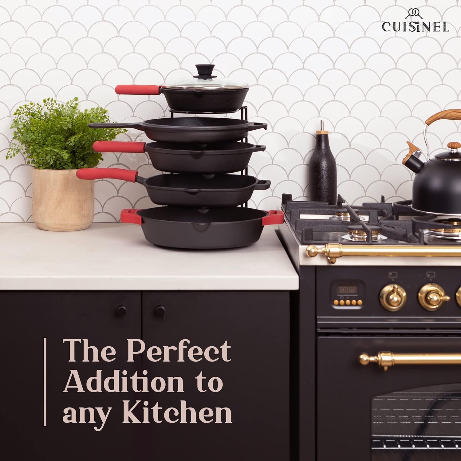 Heavy Duty Pan Organizer, 5 Tier Rack - Holds up to 50 LB - For Cast Iron Skillets, Griddles, Pots - Durable Steel Construction - Space Saving Kitchen Storage - No Assembly Required - Black 12.2-Inch Cuisinel