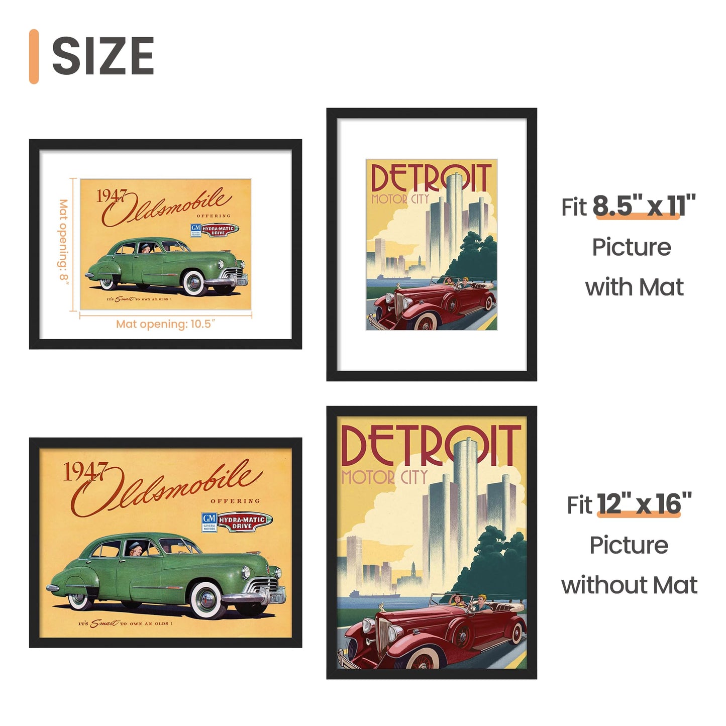 upsimples 12x16 Picture Frame, Display Pictures 8.5x11 with Mat or 12x16 Without Mat, Wall Hanging Photo Frames, Black