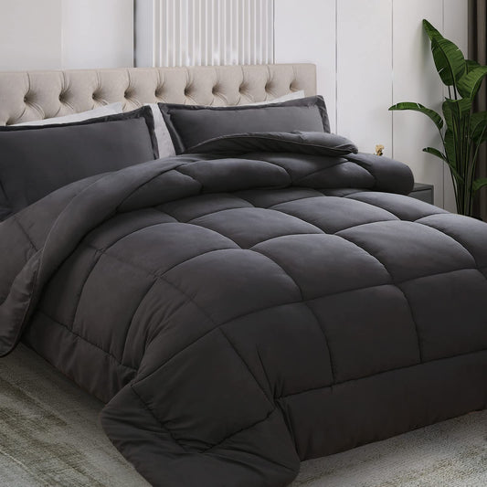 All Season Queen Size Comforter Set 3 PCs, Premium 350GSM Soft Quilted Down Alternative Comforter+2 Pillow Shams with Corner Tabs-Machine Washable Dark Grey, Queen（88 * 88）