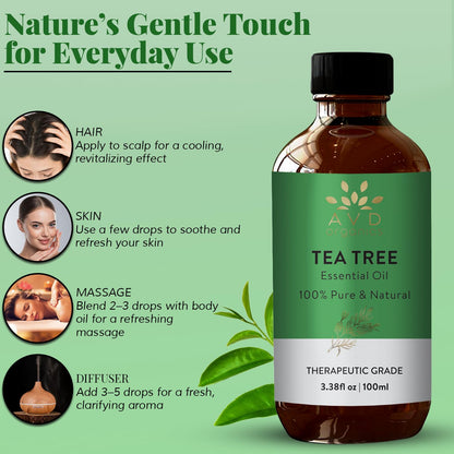 AVD Organics Tea Tree Oil | 100% Pure and Natural Tea Tree Essential Oil for skin | for Nail Fungus Face Aromatherapy Home Diffusers Carrier | 3.38 fl. Oz