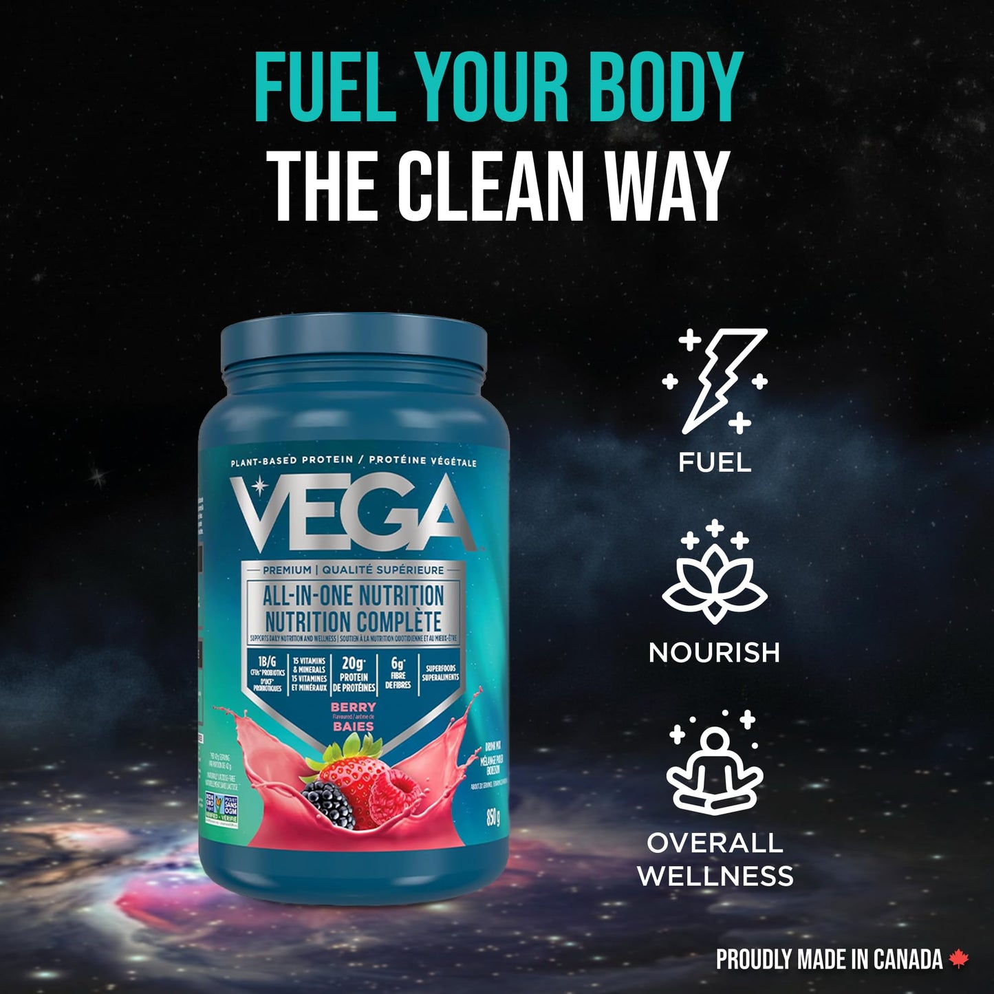 Vega Premium All-in-One Nutrition Protein Powder – 20g Plant-Based Vegan Protein, Vitamins & Probiotics, Berry, 850g (20 Servings)