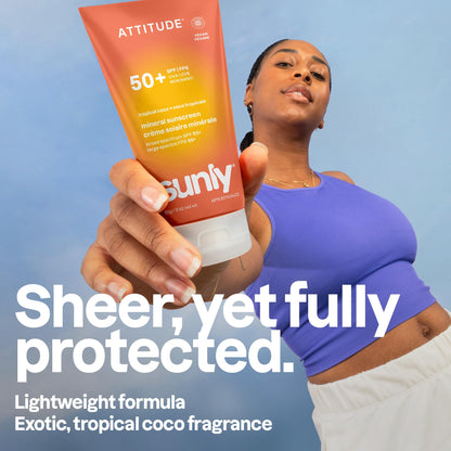 ATTITUDE Mineral Sunscreen SPF 50, Broad Spectrum Zinc Oxide, EWG Verified, Mineral-Based, Non-Nano, Lightweight Cream, Vegan, Tropical Coco Scent, 80 grams