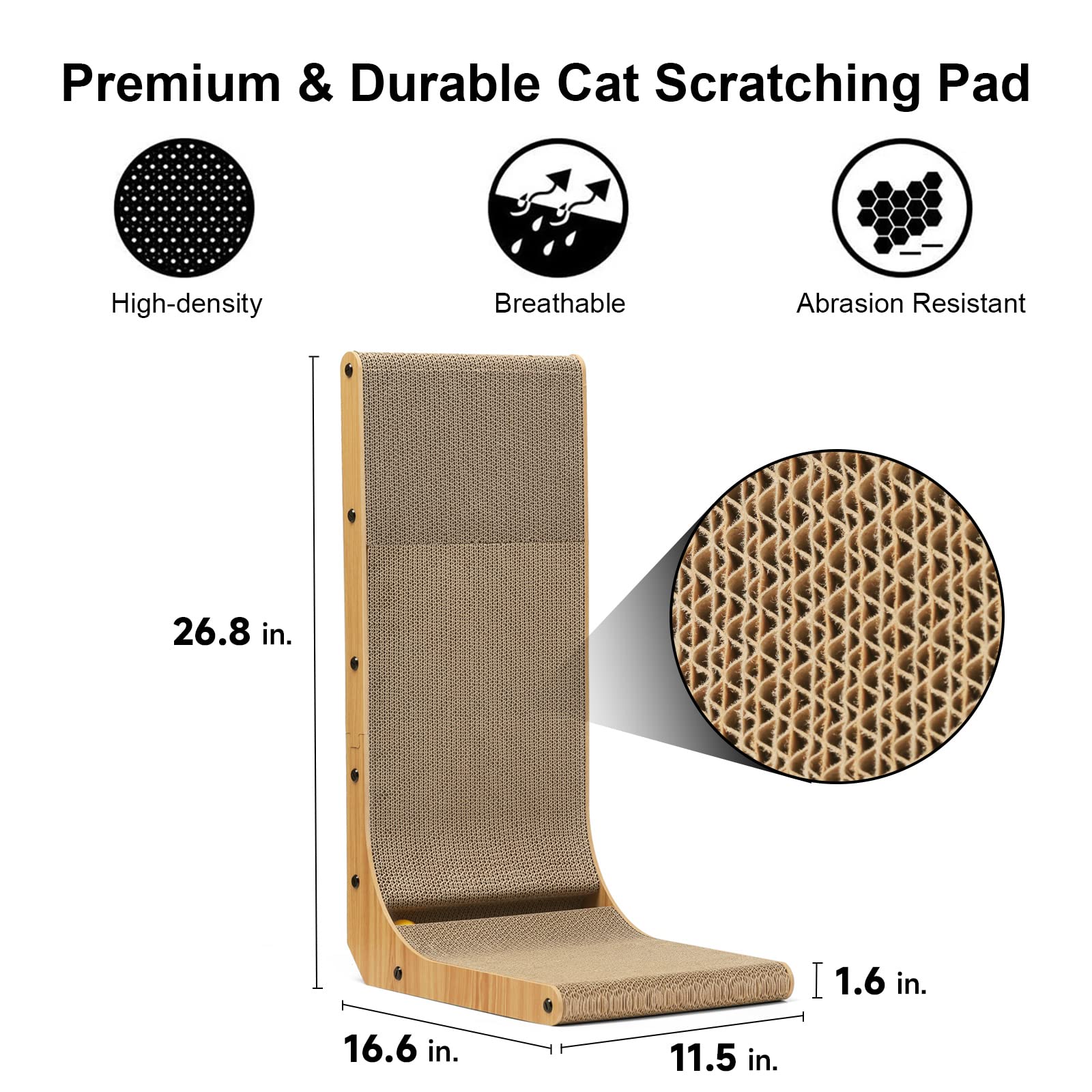 FUKUMARU Cat Scratcher, 68 CM L Shape Cat Scratch Pad Wall Mounted, Cat Scratching Cardboard with Ball Toy for Indoor Cats, Large Size