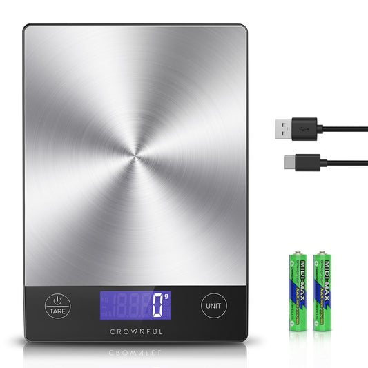 CROWNFUL Food Scale, Rechargeable 304 Stainless Steel Digital Kitchen Scale Up to 15kg/33lb Weight Grams and Ounces with LCD Display and Type-C Charging for Baking and Cooking - Available at All In One Marketplace Canada