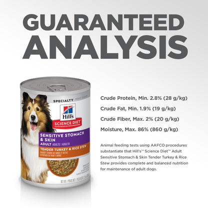 Hill's Science Diet Sensitive Stomach & Skin, Adult 1-6, Stomach Sensitivity Support, Wet Dog Food, Turkey & Rice Stew, 12.5 oz Can, Case of 12