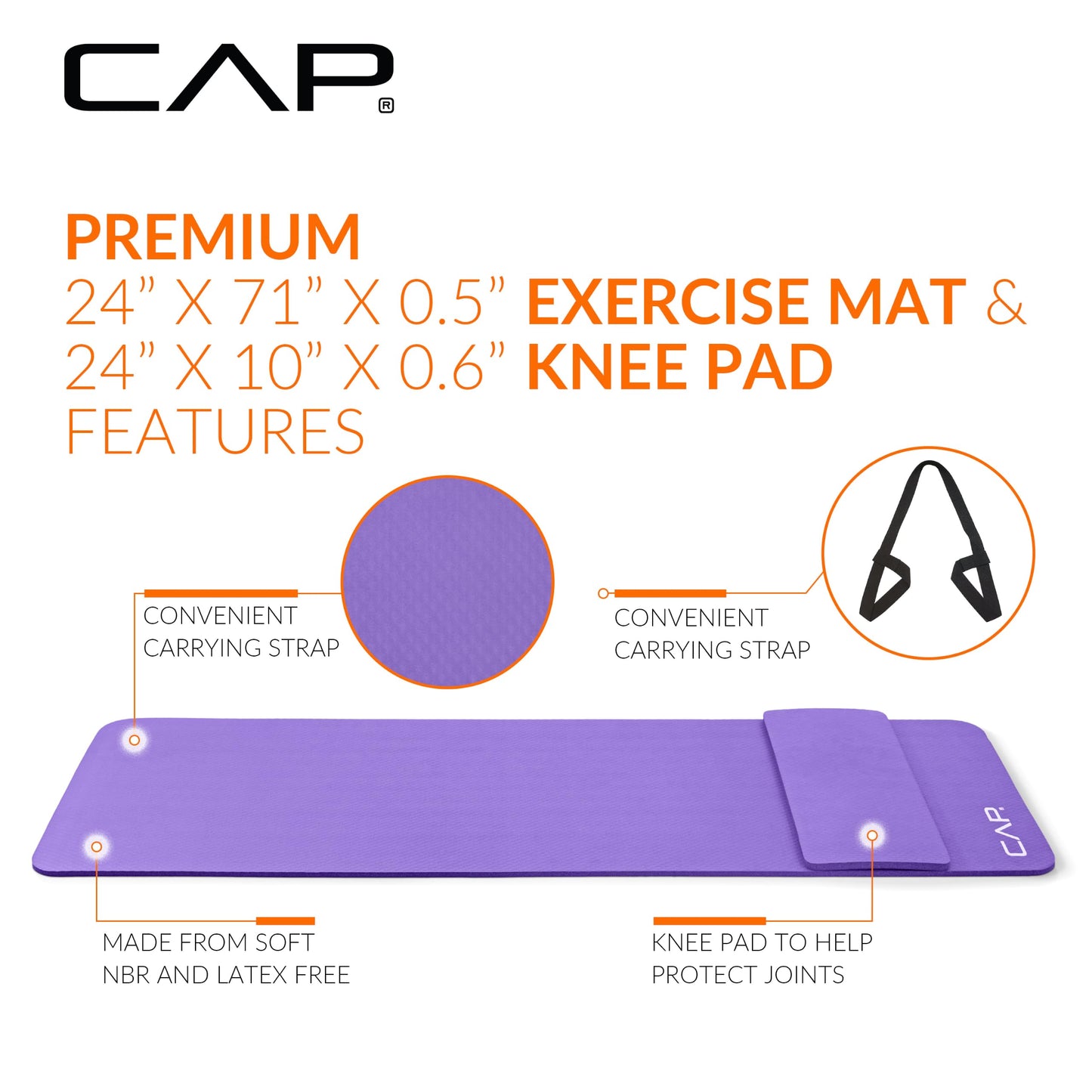 Tapis de Yoga CAP Barbell Haute Densité avec Sangle et Coussinet de Genou 180cmx60cmx1.2cm VIOLET