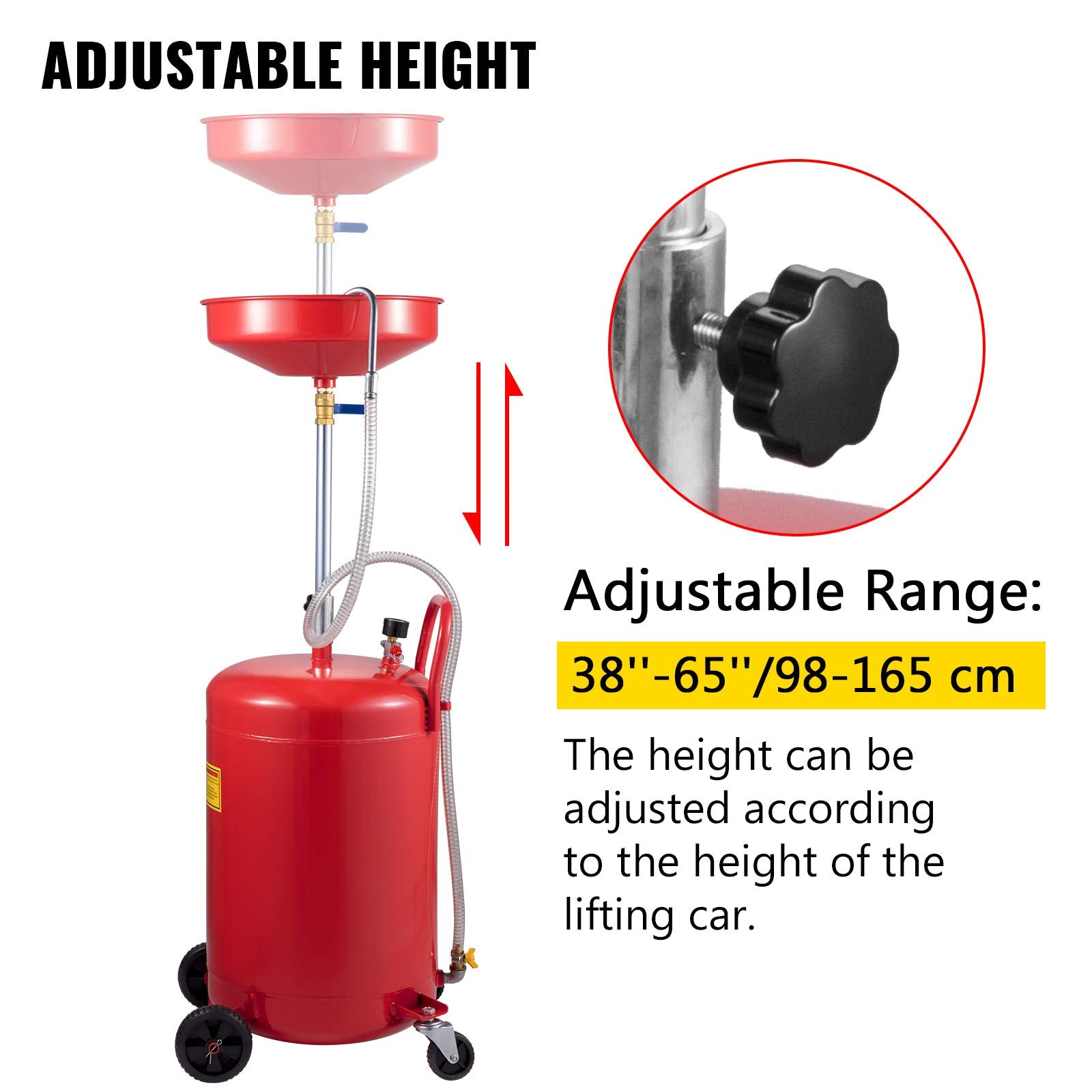 VEVOR Waste Oil Drain Tank 20 Gallon Portable Oil Drain Air Operated Drainer Oil Change, Oil Drain Container, Fluid Fuel Transfer Drainage Adjustable Funnel Height, with Wheel For Easy Oil Removal VEVOR