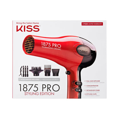 KISS 1875 Watt Pro Tourmaline Ceramic Hair Dryer, 3 Heat Settings, 2 Speed Slide Switch, Cool Shot Button, 2 Detangler Combs, 1 Concentrator, 1 Diffuser, Removable Filter Cap & 4 Sectioning Clips