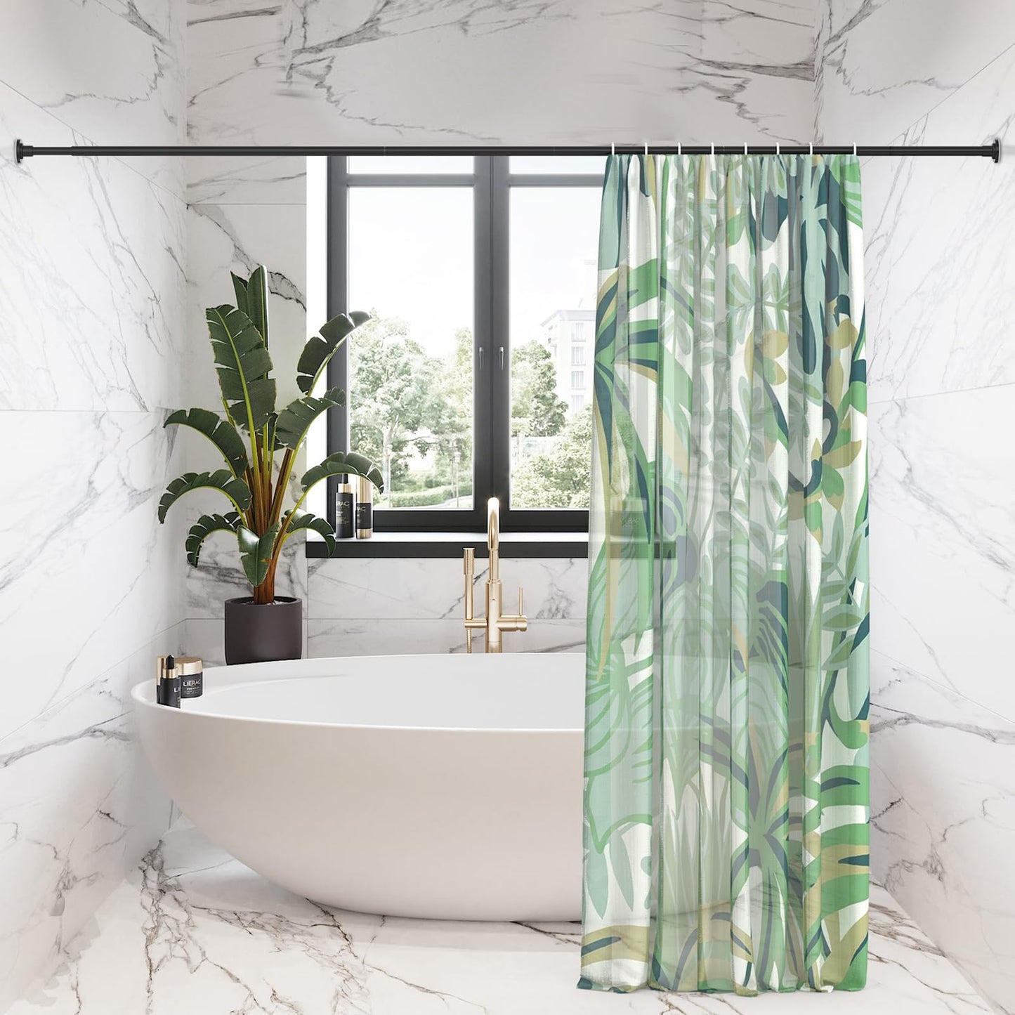 SUNALLY Shower Curtain Rod Adjustable 32-75 Inch, Spring Tension Shower Pole Rods Extendable Stainless Steel Telescoping Curtain Rod for Bathroom Windows Closet, No Drilling, No Slip, No Rust, Black - Available at All In One Marketplace Canada