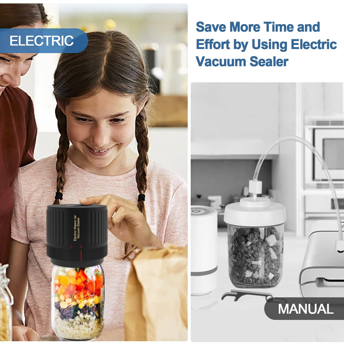 Electric Mason Jar Vacuum Sealer Kit, Portable Vacuum Sealer for Regular and Wide Mason Jars, Food Storage and Fermentation, Deep Black - Available at All In One Marketplace Canada
