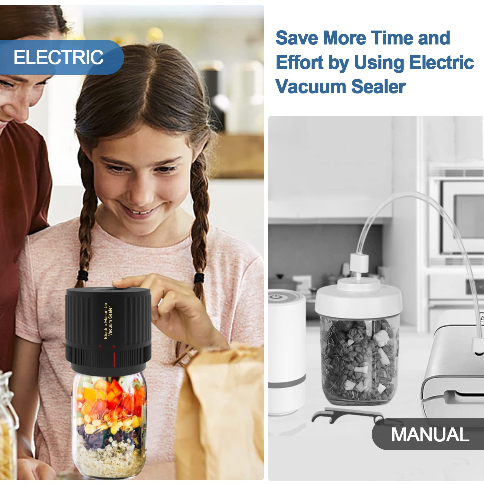 Electric Mason Jar Vacuum Sealer Kit, Portable Vacuum Sealer for Regular and Wide Mason Jars, Food Storage and Fermentation, Deep Black - Available at All In One Marketplace Canada