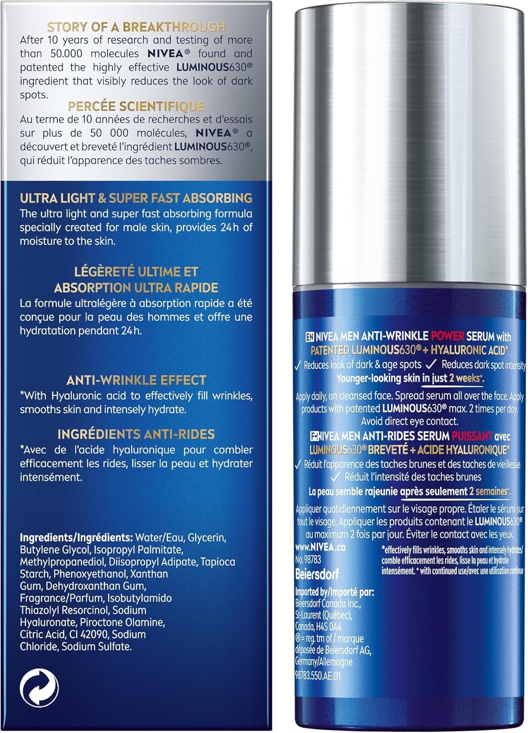 NIVEA MEN Anti Wrinkle 2-In-1 Power Serum for All Skin Types, Dark Spot Solution Face Serum for Men, With Luminous630 and Hyaluronic Acid to Reduce Deep Wrinkles and Dark Spots, 30mL