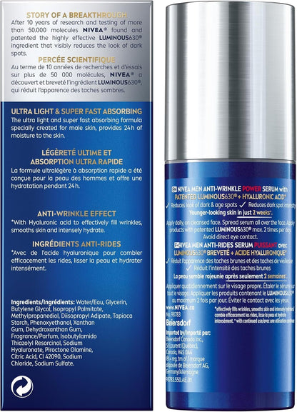 NIVEA MEN Anti Wrinkle 2-In-1 Power Serum for All Skin Types, Dark Spot Solution Face Serum for Men, With Luminous630 and Hyaluronic Acid to Reduce Deep Wrinkles and Dark Spots, 30mL