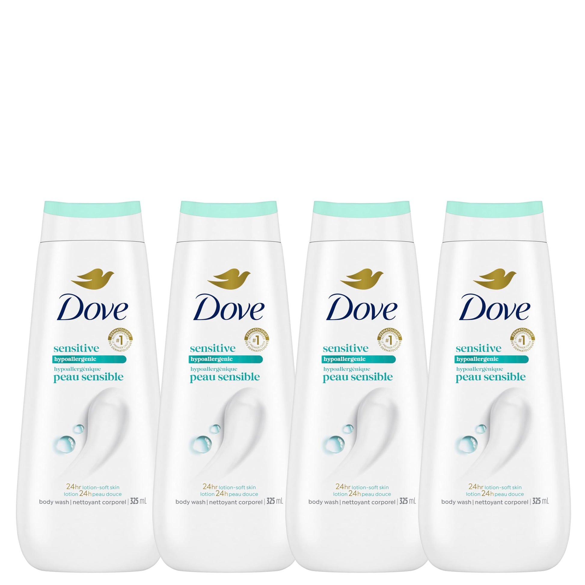 Dove Sensitive Skin Body Wash For 24hr Lotion-Soft Skin, Hypoallergenic with No Sulfates No Parabens, 325mL (Pack of 4)