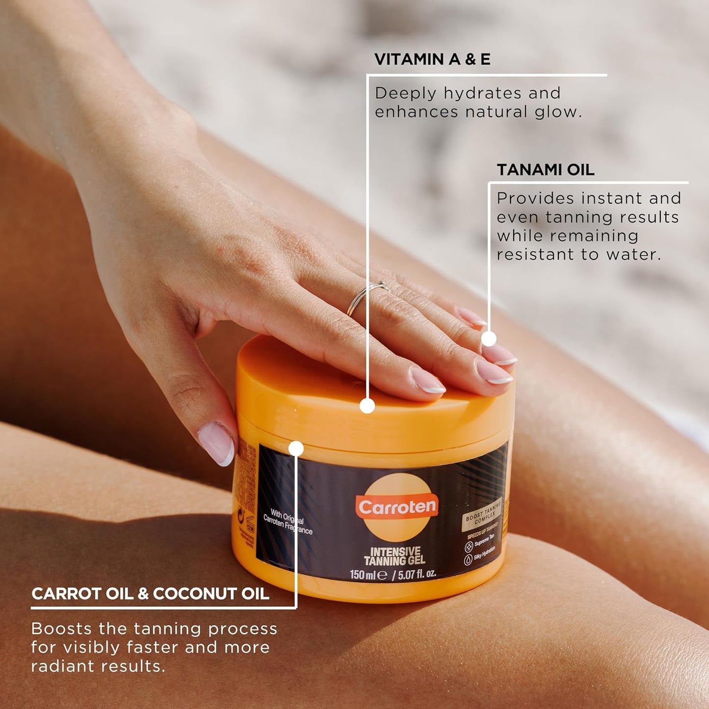 Carroten Intensive Tanning Gel | Browning Indoor/Outdoor Tan Accelerator | Non-Greasy, Water-Resistant with Carrot and Coconut Oil | Vitamin A & E For Moisture & Hydration | Made in Greece | 5 Fl Oz