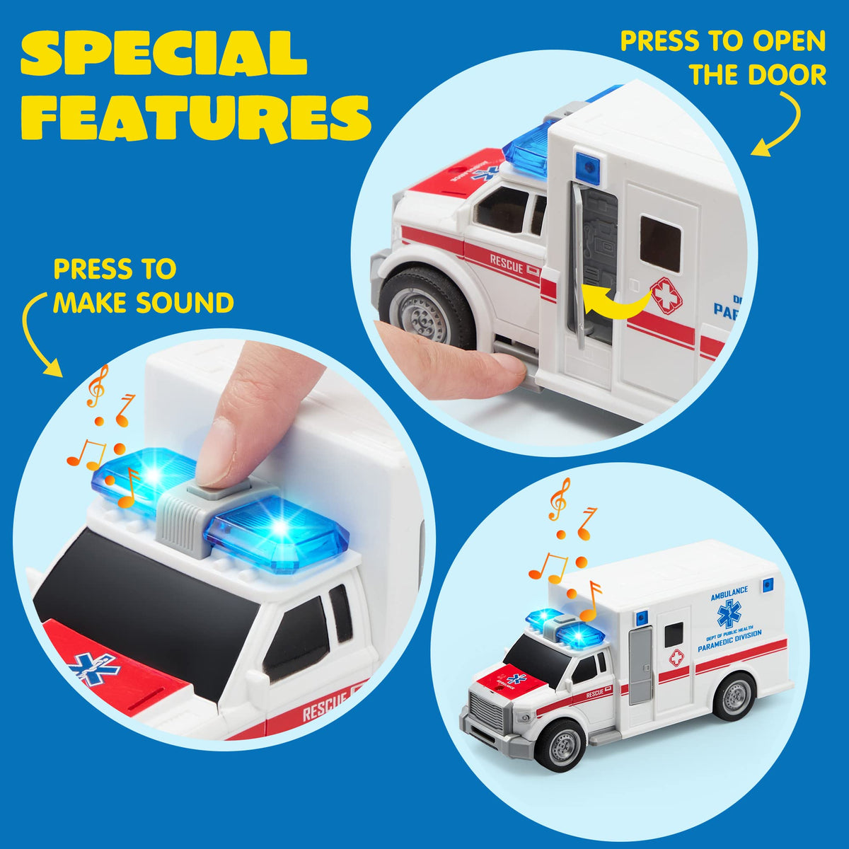 JOYIN 4 Packs Emergency Vehicle Toy Playsets, Friction Powered Vehicles with Light and Sound, Including Fire Truck, Ambulance, Play Police Car and Helicopter, Christmas Toddler Kids Boys Gifts 🍁 All In One Marketplace Canada