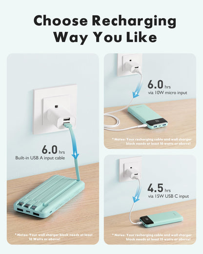Charmast Portable Charger with Built in Cables, Power Bank with Cords Wires, Slim 10000mAh Travel Battery Pack 6 Outputs 3 Inputs 3A Fast Charging for Samsung Google Pixel LG Moto iPhone iPad - Available at All In One Marketplace Canada