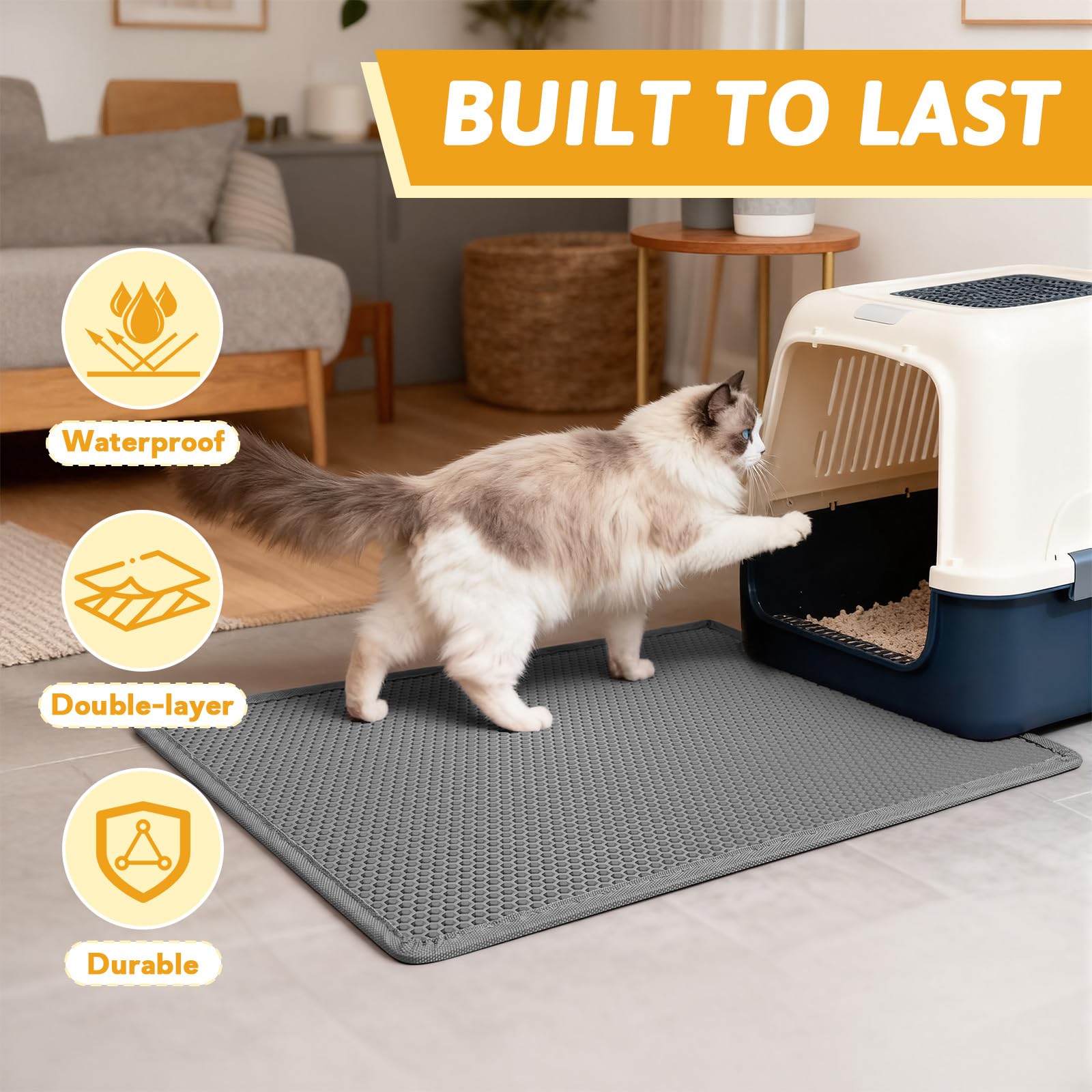 Pieviev Cat Litter Mat Trapper - 76 x 61cm Honeycomb Double Layer Tapis Litiere Chat -Traps Messes, Easy Clean and Durable (Gray)