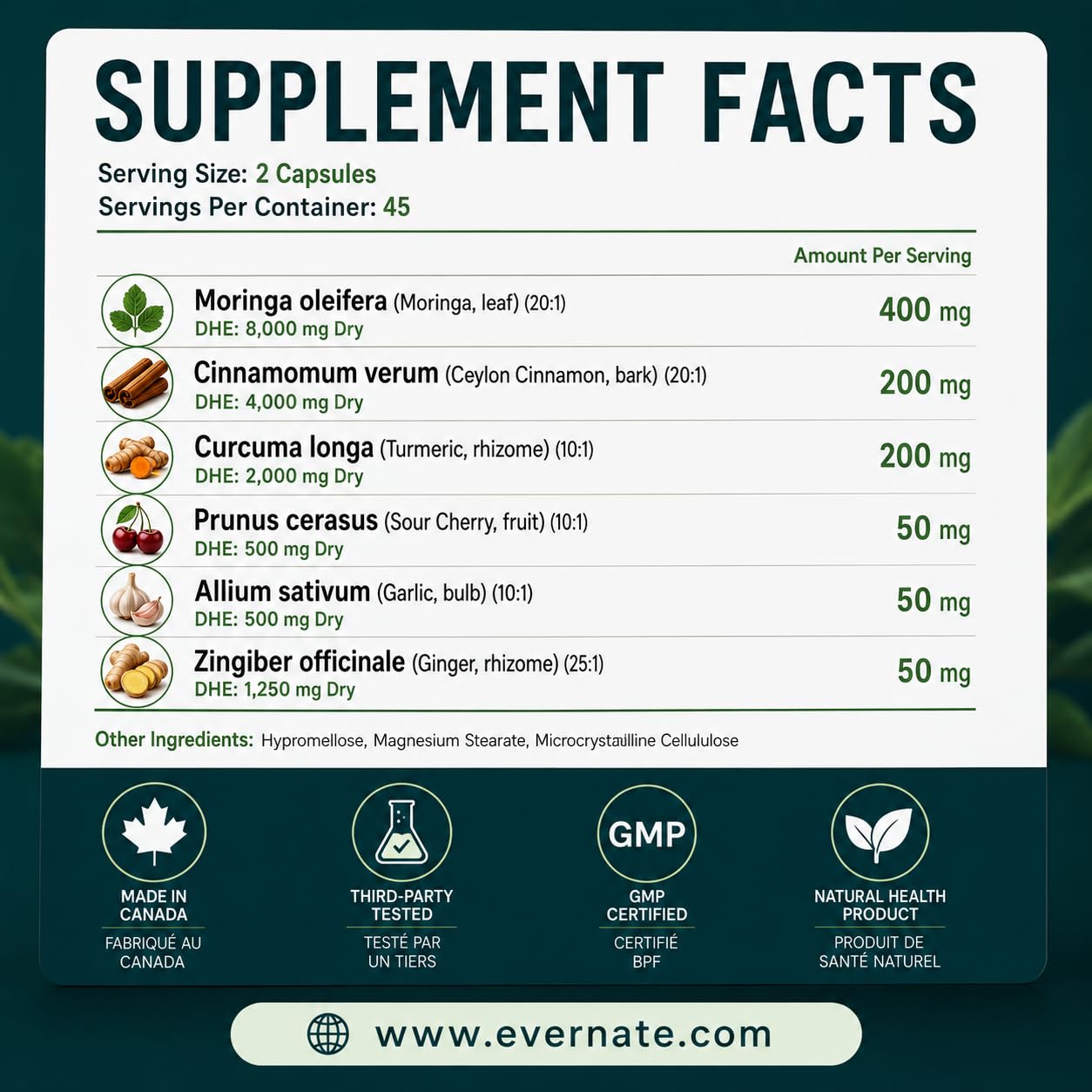 ALL-IN-ONE Moringa 8000 mg with Ceylon Cinnamon 4000 mg, Tart Cherry, Turmeric, Ginger & Garlic (Per Serving: 2 Capsules) – Antioxidant, Detox, Energy & Metabolic Support – Made in Canada - Available at All In One Marketplace Canada