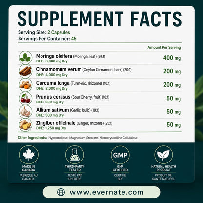 ALL-IN-ONE Moringa 8000 mg with Ceylon Cinnamon 4000 mg, Tart Cherry, Turmeric, Ginger & Garlic (Per Serving: 2 Capsules) – Antioxidant, Detox, Energy & Metabolic Support – Made in Canada - Available at All In One Marketplace Canada