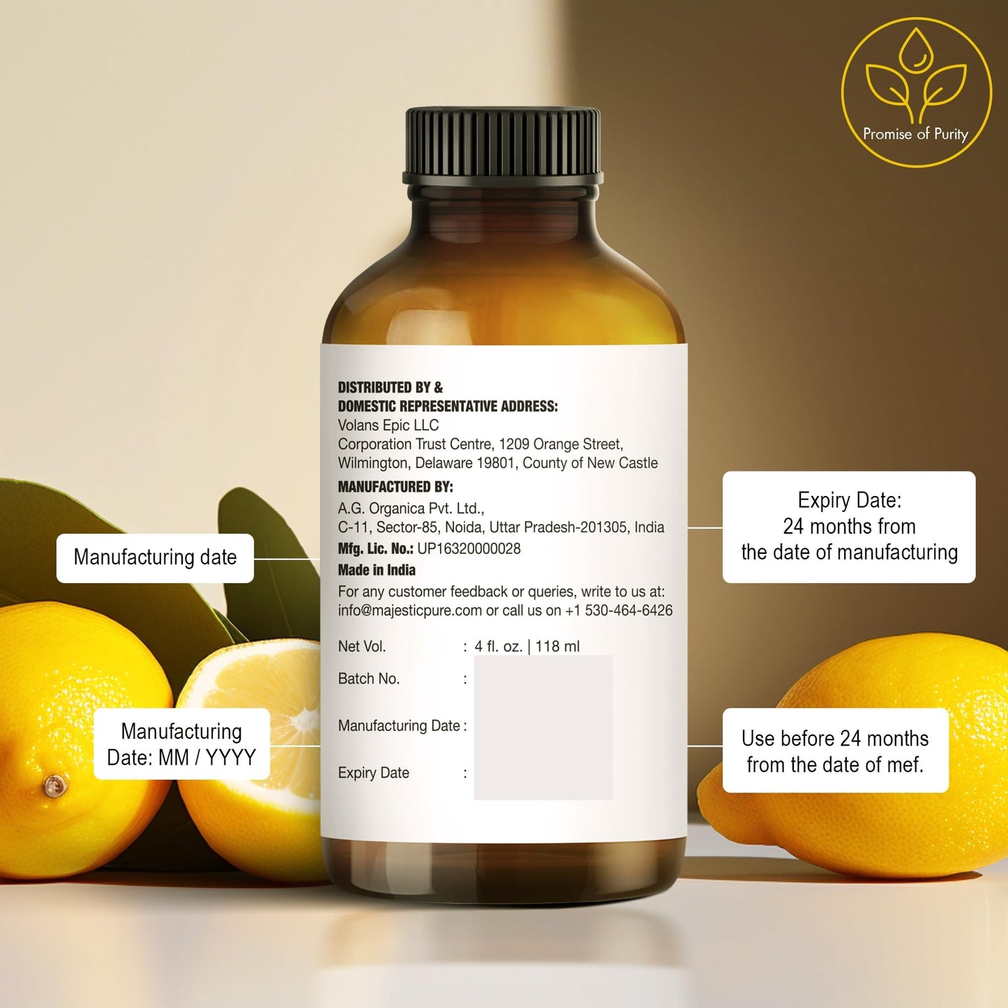 Majestic Pure Lemon Essential Oil - Huge 118 ml - 100% Pure and Natural Oil for Soap Making Scent- Premium Grade with Glass Dropper